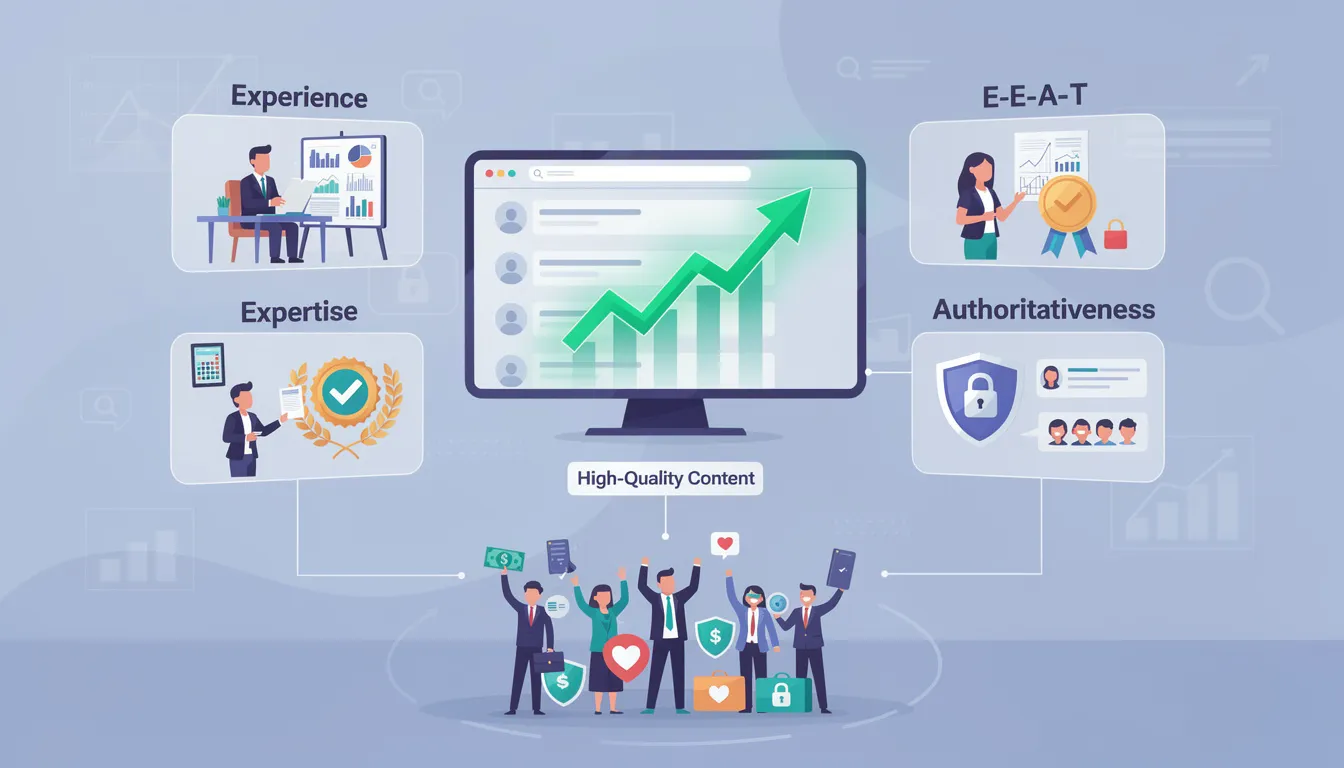 The image illustrates the concept of E-E-A-T (Experience, Expertise, Authoritativeness, and Trustworthiness) in SEO, highlighting its significance in content quality for web pages. It emphasizes how high-quality content, aligned with Google's quality guidelines, enhances search rankings and user trust, particularly for YMYL topics that affect financial stability and well-being.