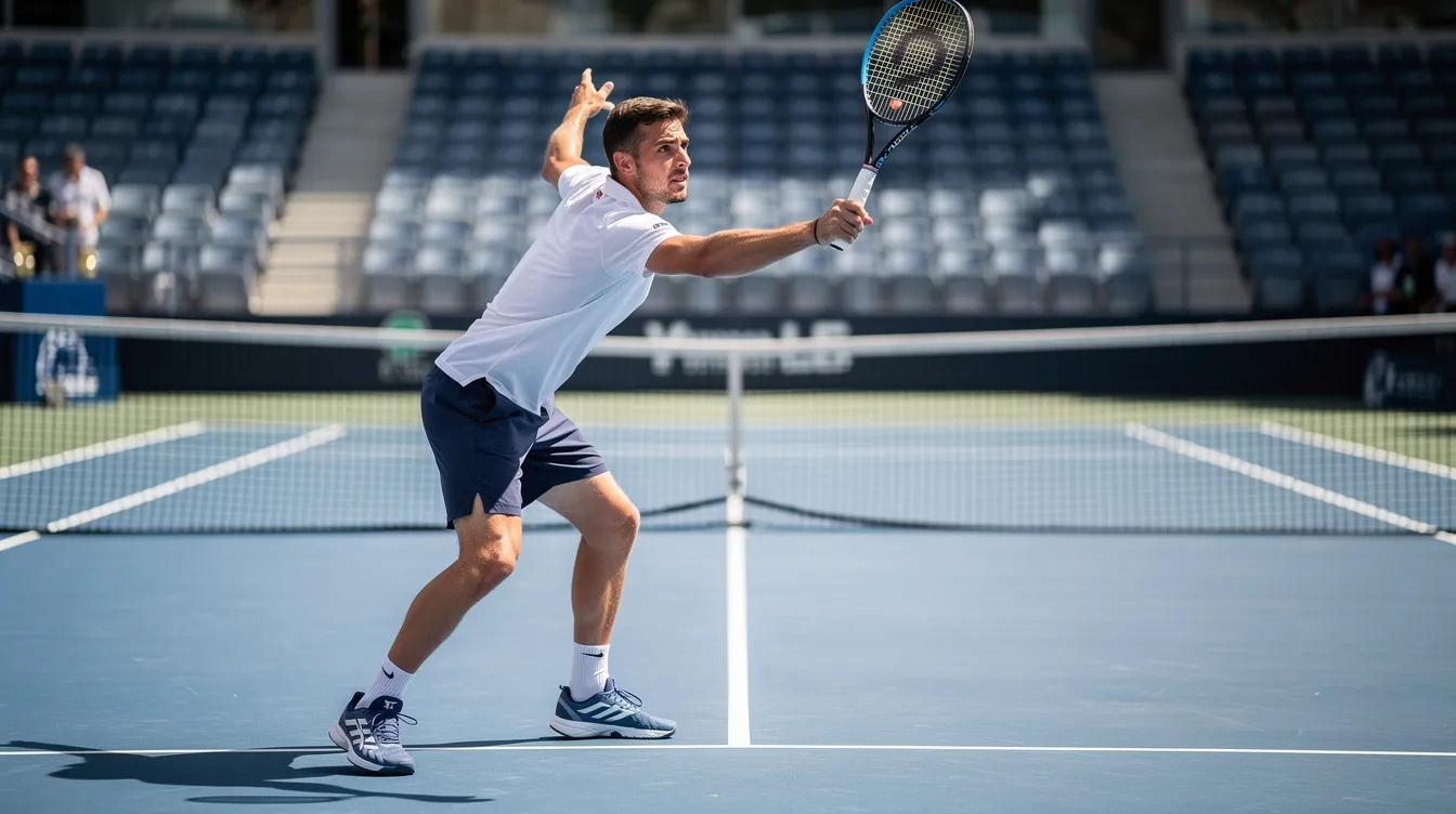A tennis player is in a trophy position on a hard court, demonstrating an athletic stance with knees slightly bent, ready to serve. The player's upper body is poised to generate racquet head speed and power for a faster serve, showcasing the importance of balance and grip in achieving serve speed.
