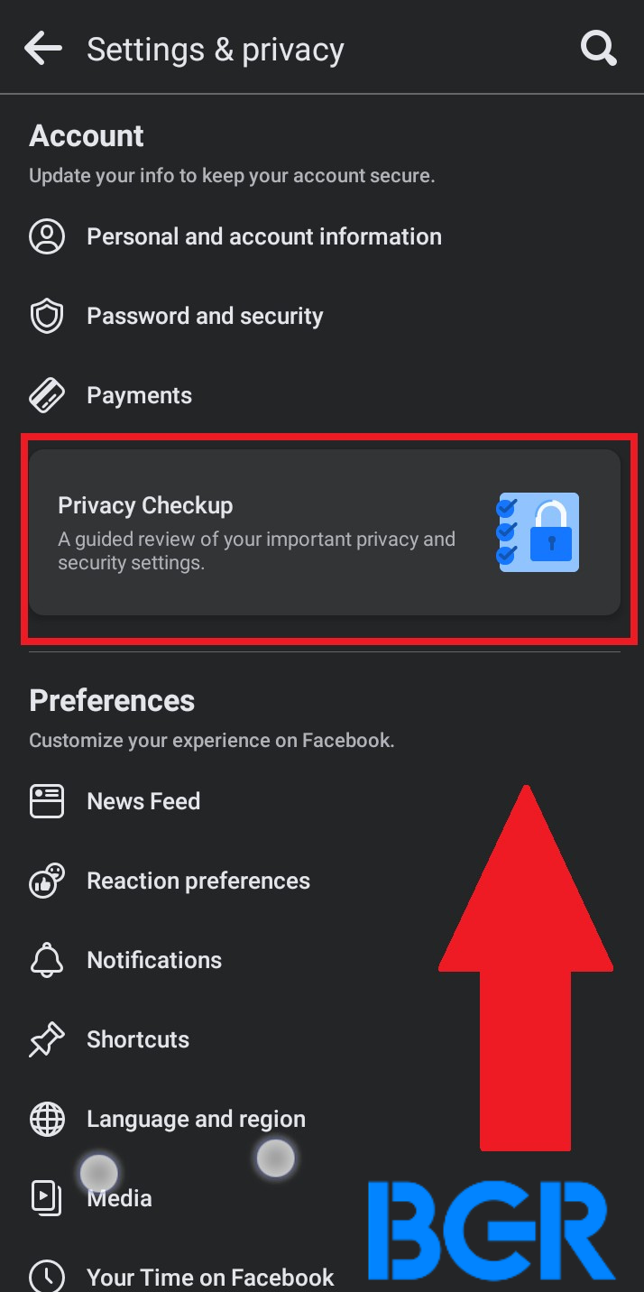 Tap the Facebook profile Privacy checkup section