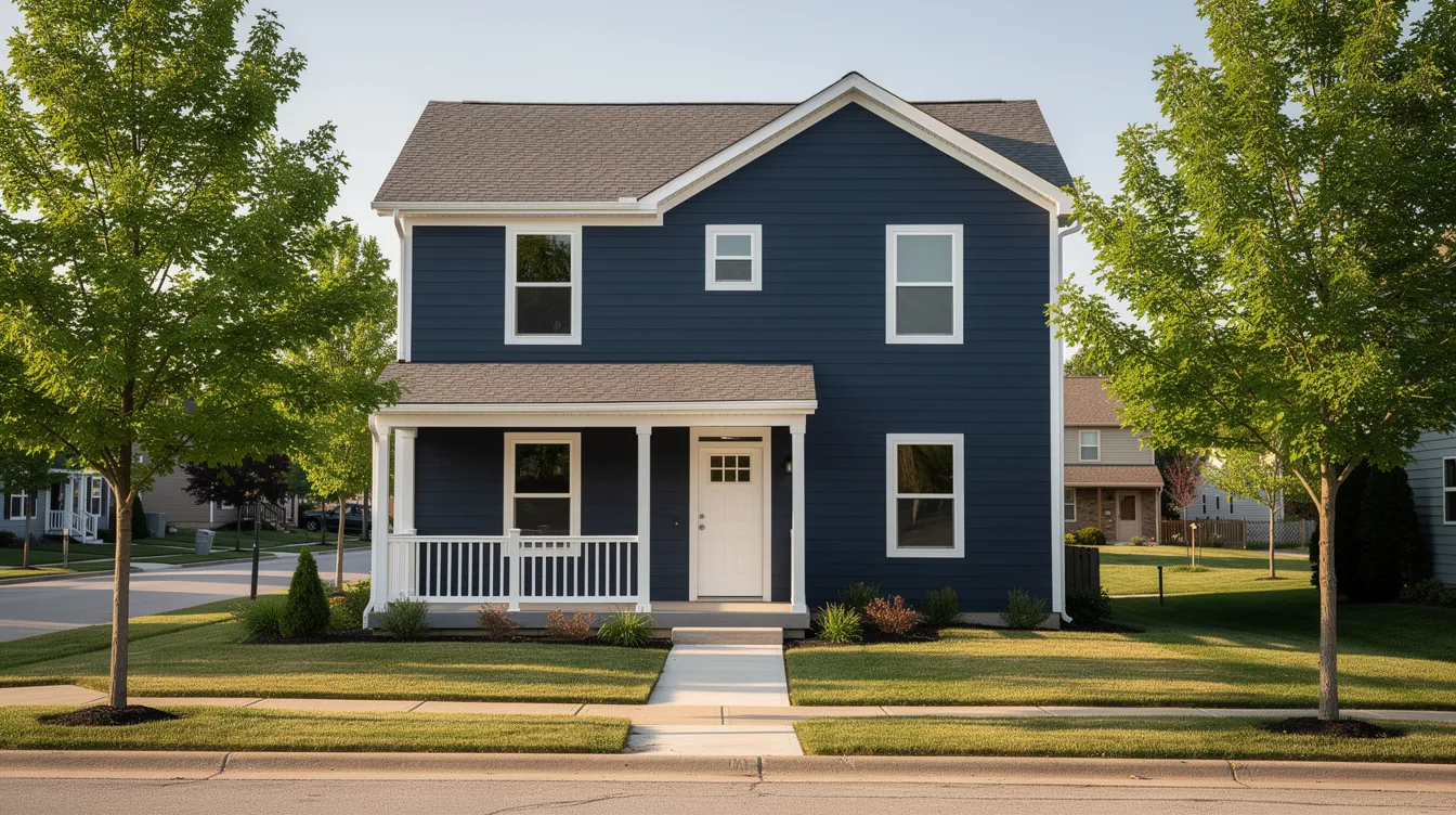 The image depicts a freshly painted two-story home with dark blue siding and crisp white trim, situated on a tree-lined street in Akron. This exterior painting project showcases the quality and expertise of professional painters, enhancing the home's curb appeal in the local community.
