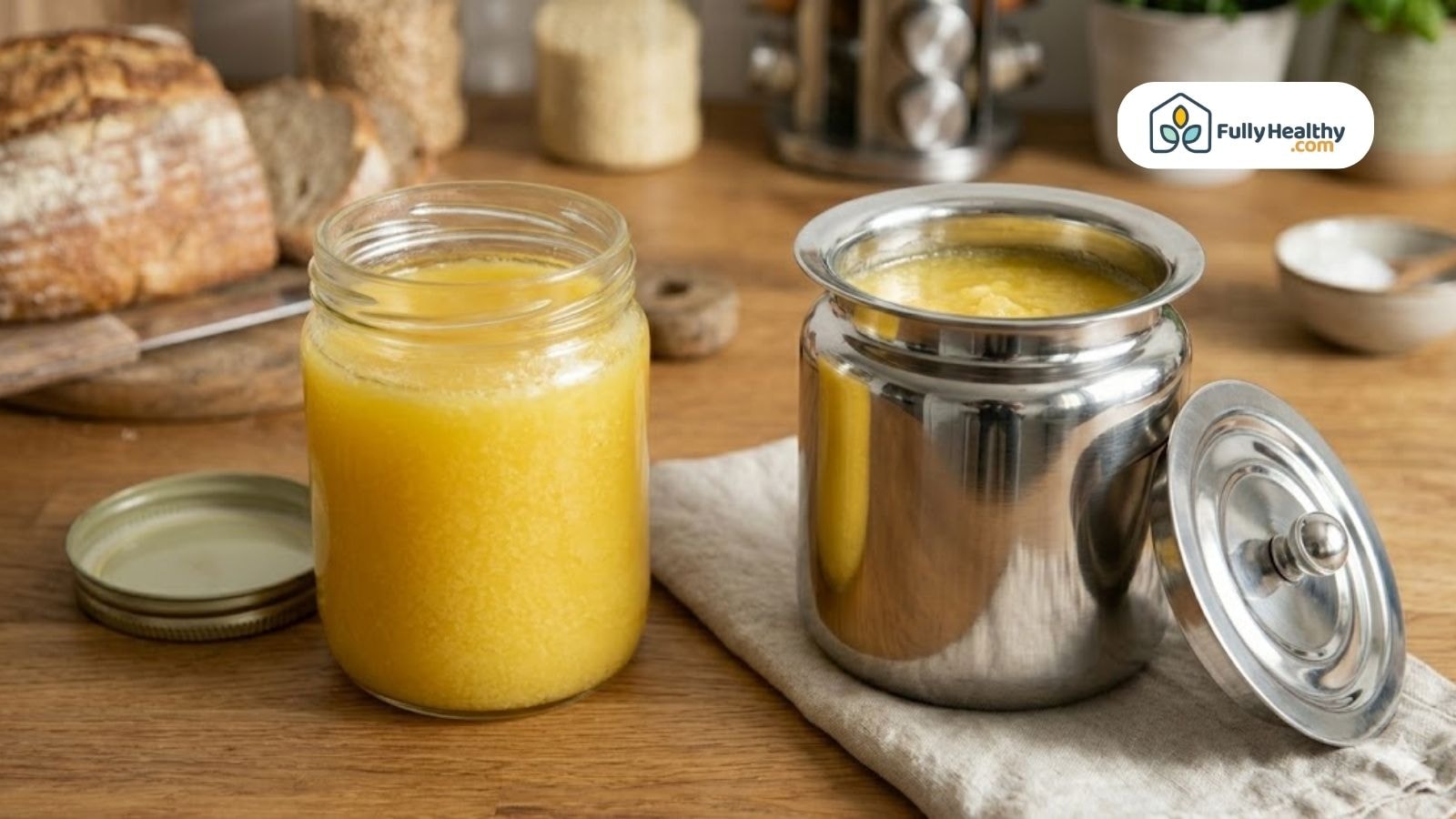 Glass and stainless steel containers filled with ghee on countertop.