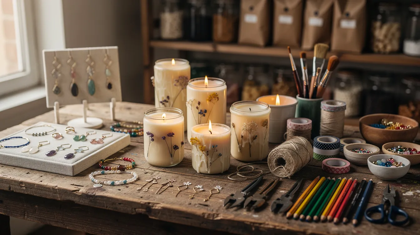 The image depicts an artisan workspace featuring a wooden table adorned with handmade candles, unique jewelry pieces, and various craft supplies, creating an inviting atmosphere for small business ideas. This setup highlights the potential for creative ventures and profitable business opportunities in the crafting industry.