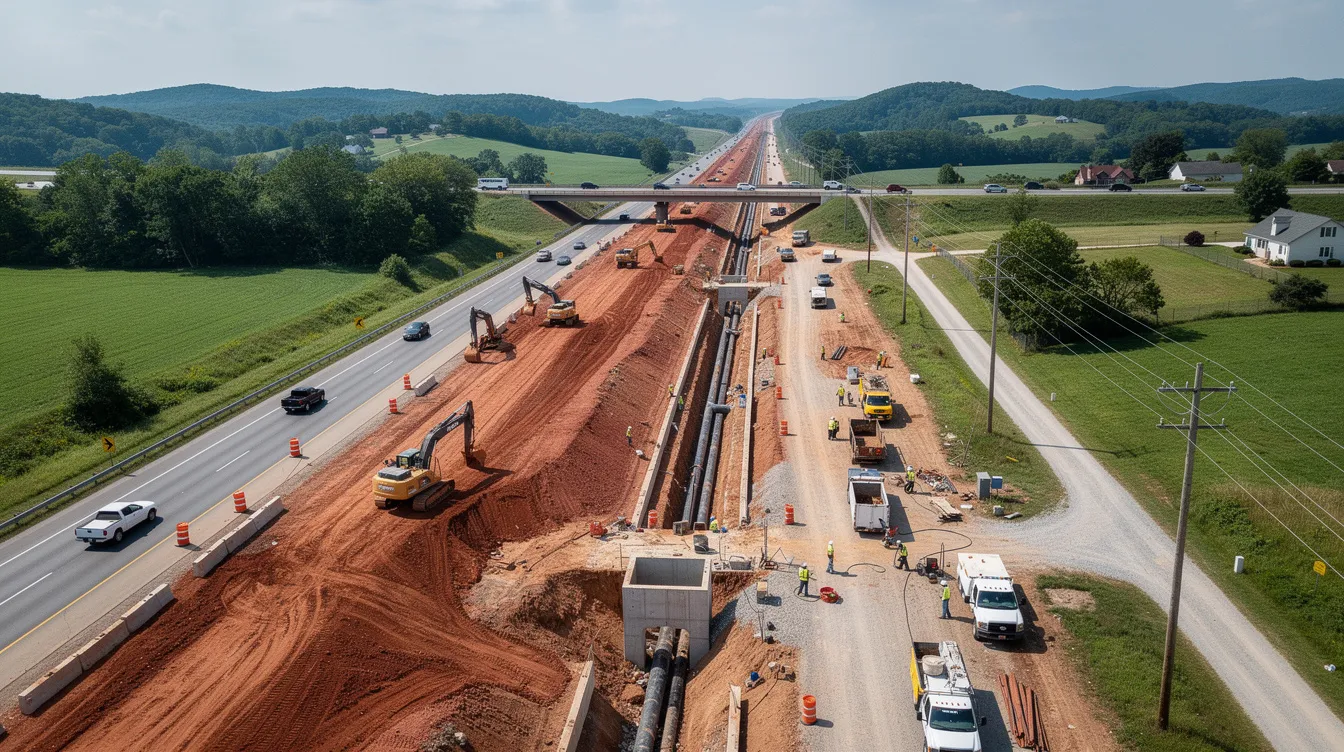An aerial view captures the extensive highway construction and utility work along a Tennessee interstate corridor, highlighting the organized efforts of construction firms and project managers managing current projects. The image reflects the complexity and scale of the construction industry, showcasing the resource allocation and safety measures essential for successful project completion.