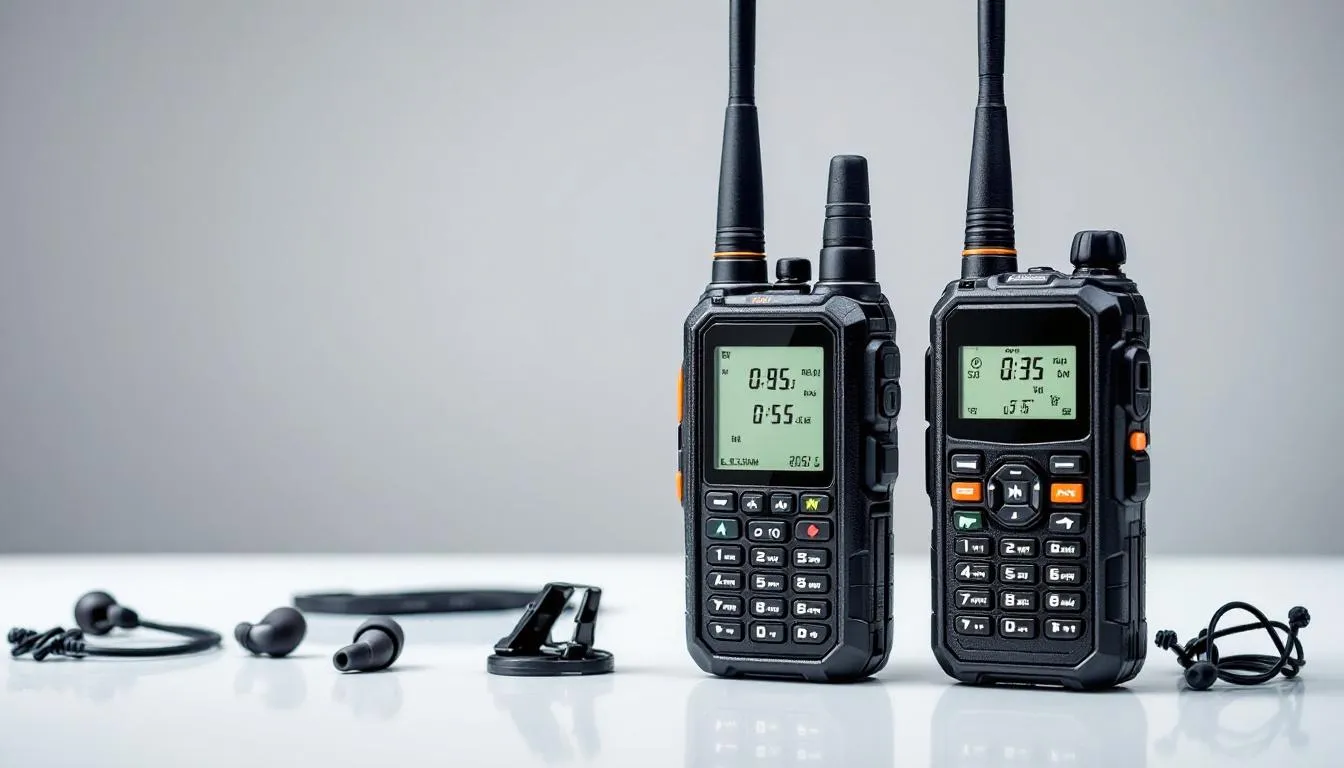In the image, a selection of the best long range walkie talkies is displayed, showcasing various models designed for reliable communication over long distances. Features such as LCD screens, battery power options, and weather alerts highlight their suitability for outdoor adventures and effective communication in different conditions.