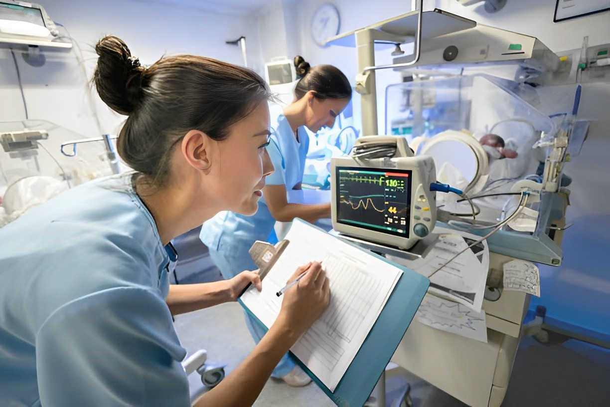 A photo of two nurses monitoring the patient