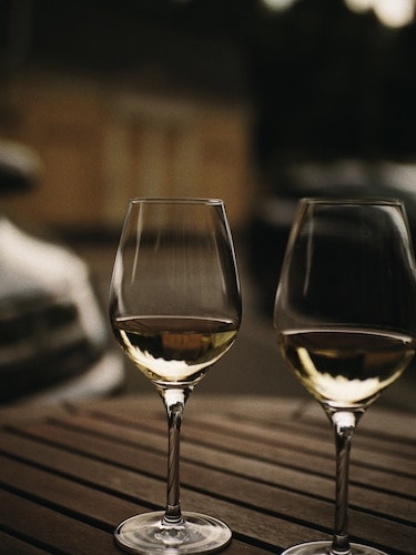 Wine glasses on an outdoor table on a recent visit to Greenwich Avenue
