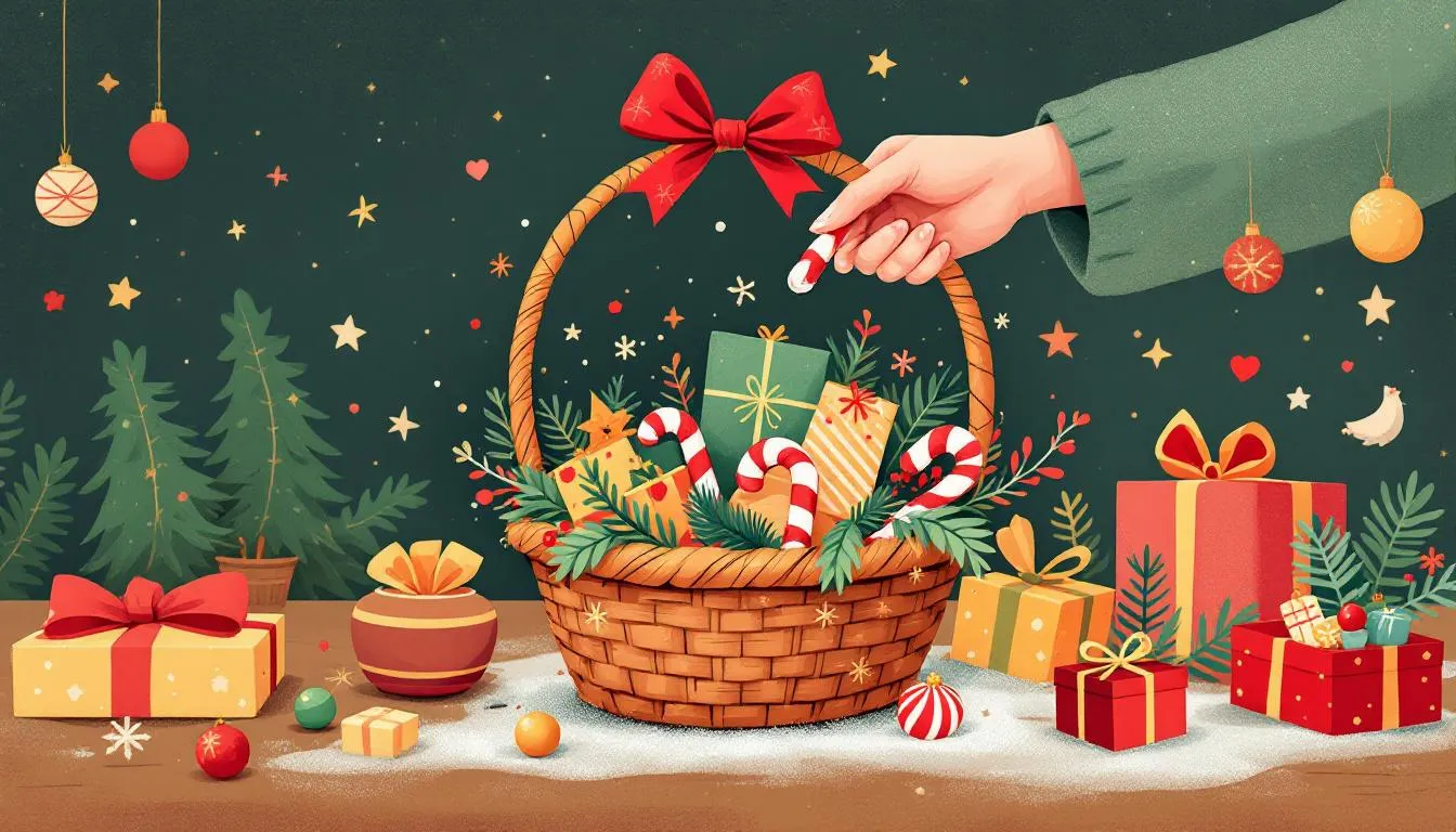 Assembling a Christmas gift basket with care.