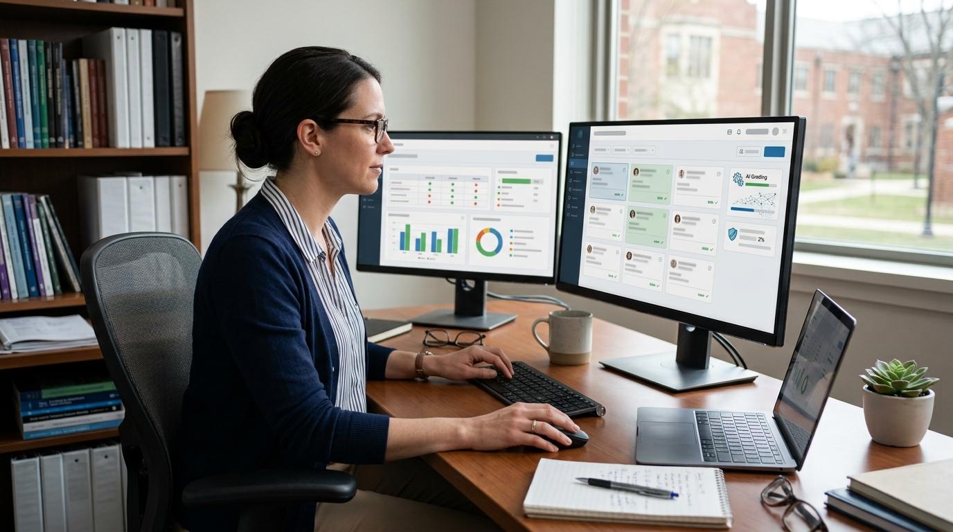 University instructor managing student assignments through a learning management system while AI-assisted grading and academic integrity tools work seamlessly in the background.