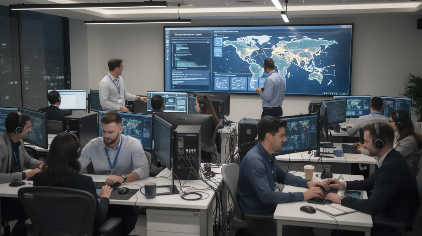 The image depicts IT professionals actively participating in a hands-on cybersecurity exercise at their computer workstations, focusing on incident response and threat detection. These cybersecurity professionals are engaged in enhancing their skills to combat evolving cyber threats, emphasizing the importance of proactive security measures and ongoing training within their security operations center.