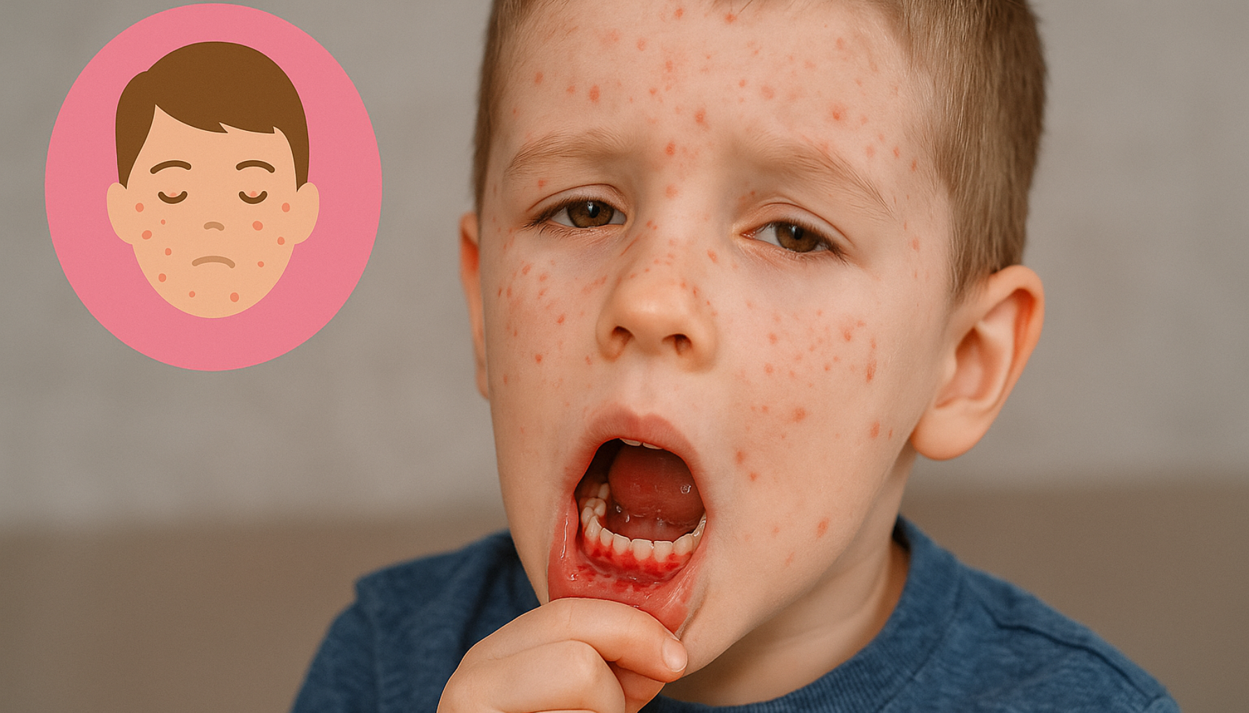 Barn med rubella viser utslett i ansikt og røde flekker inne i munnen.