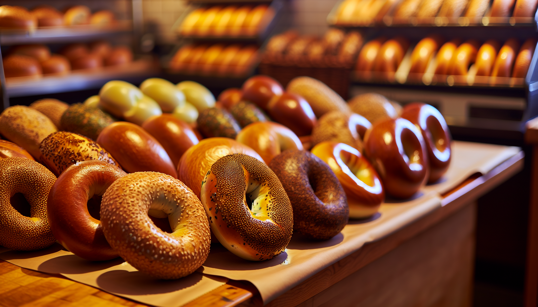 Variety of bagels in a bakery display