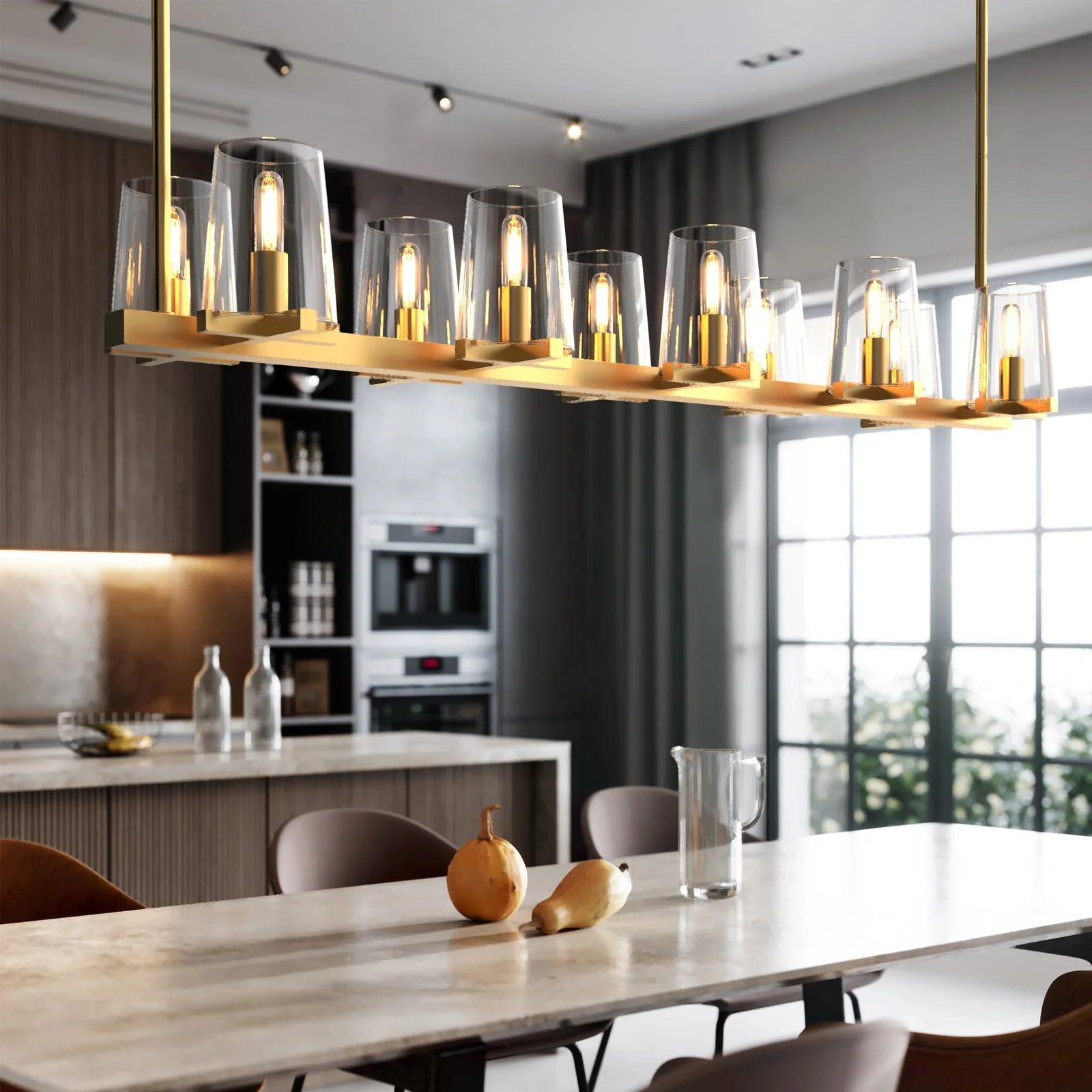 Modern rectangular LED candle chandelier serving as the ideal light fixture for a dining room, elegantly installed to illuminate a contemporary dining space.