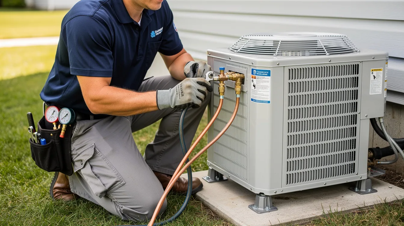 A close-up image shows an HVAC technician wearing work gloves as they connect refrigerant lines to a new outdoor air conditioning unit. The technician is focused on ensuring the installation of this energy-efficient Trane AC unit is done correctly, which contributes to better humidity control and overall system efficiency.