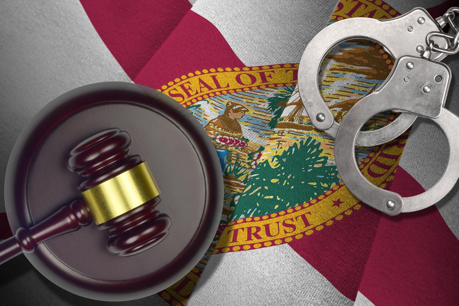 A close-up of a judge’s gavel, handcuffs, and the Florida state flag, symbolizing law and justice. Legal firms in Tampa and Citrus Park depend on reliable phone systems and local VoIP providers for clear communication in critical cases.