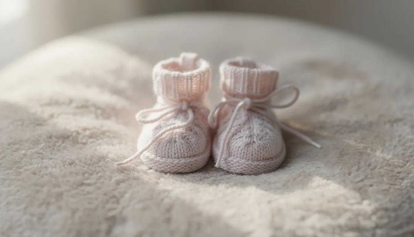 L'image montre de petits chaussons de bébé délicatement posés sur un tissu doux, créant une atmosphère chaleureuse et accueillante. Ces chaussons évoquent le confort et la tendresse liés aux premiers mois de la vie.