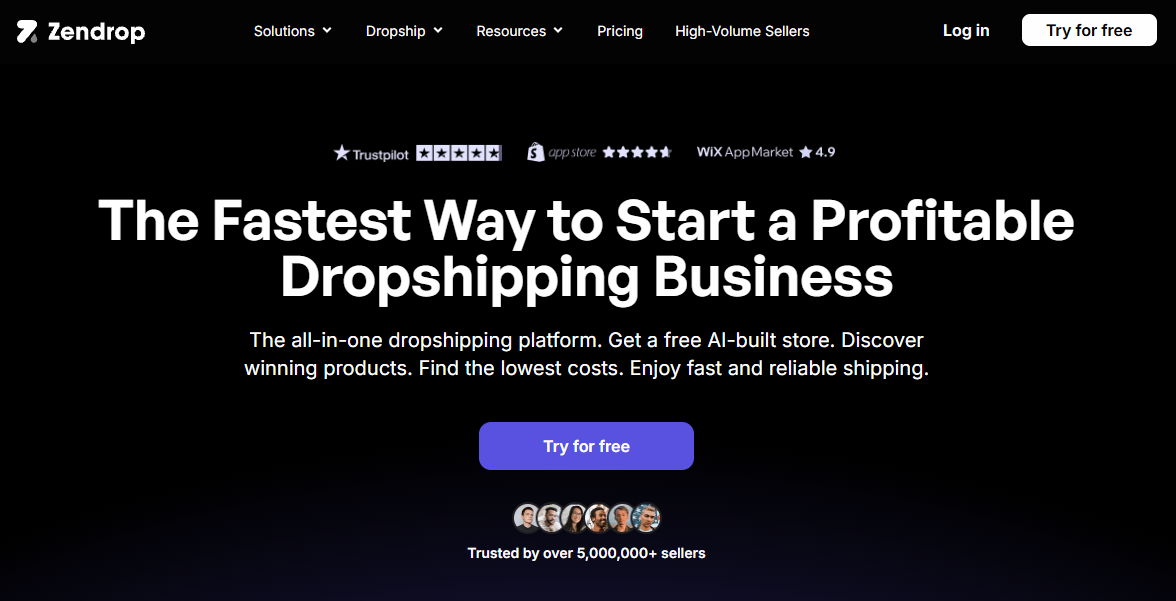 Zendrop homepage promoting an AI-built dropshipping business with fast and reliable shipping