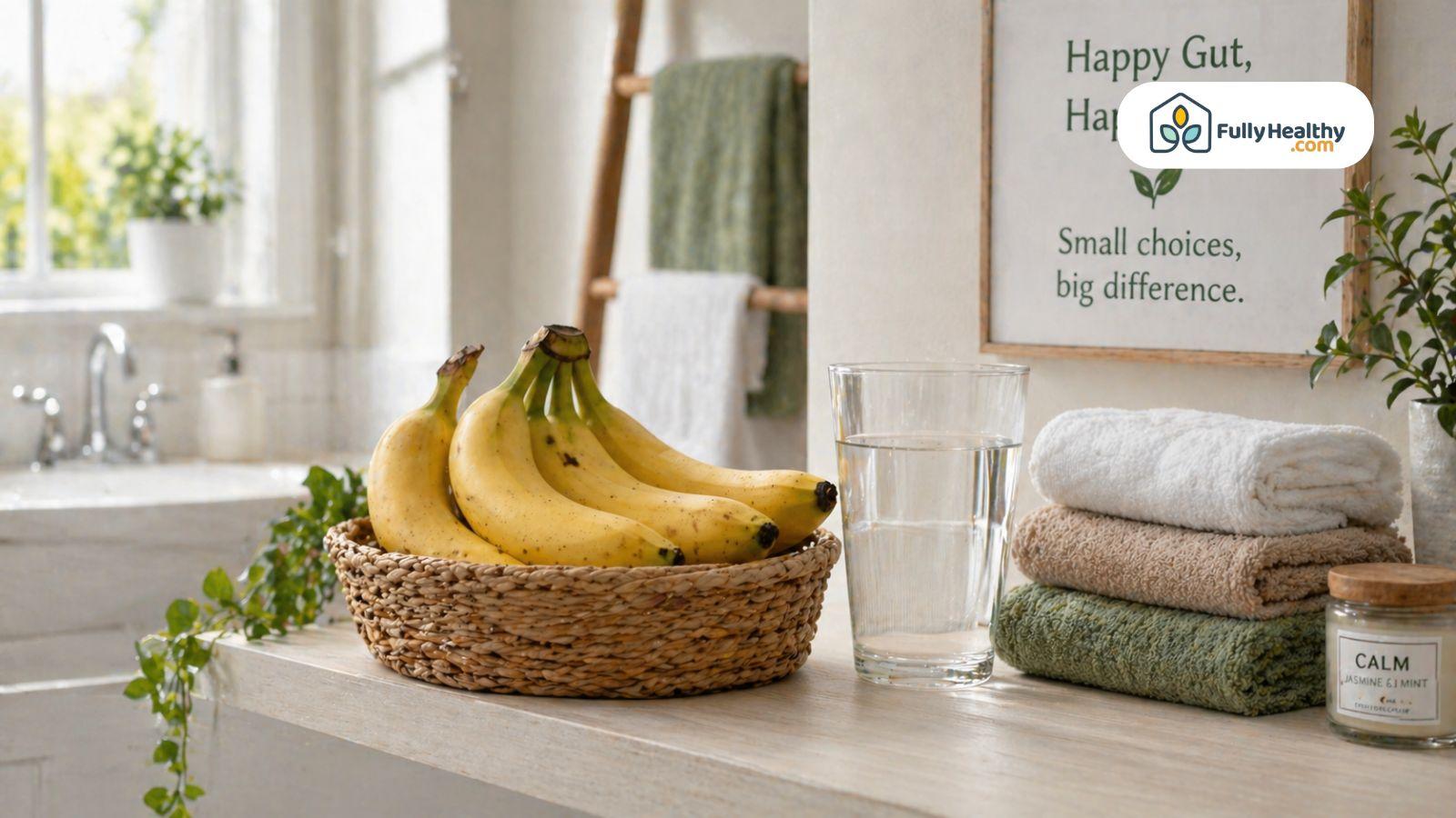Bananas with water and towels in bright bathroom wellness setting