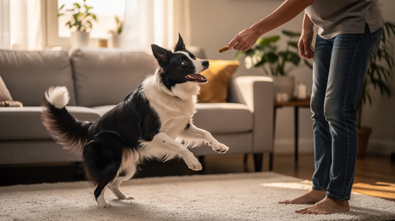 A border collie is performing a spin trick in a cozy living room, with its owner holding a tasty treat to encourage the dog. This engaging moment showcases the bond between pet parents and their furry friends while promoting mental stimulation and physical exercise through fun training exercises.