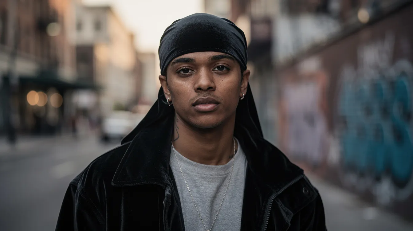 Un portrait d'une personne arborant un durag en velours noir, qui met en valeur son style streetwear urbain. Le look est complété par des vêtements modernes, soulignant l'attitude et la fierté de la culture urbaine.