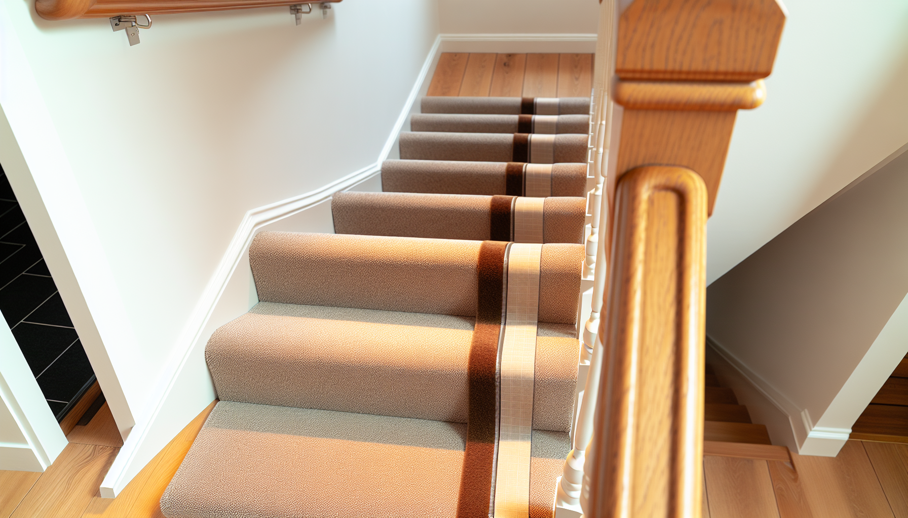 A staircase with freshly installed carpet treads and runner