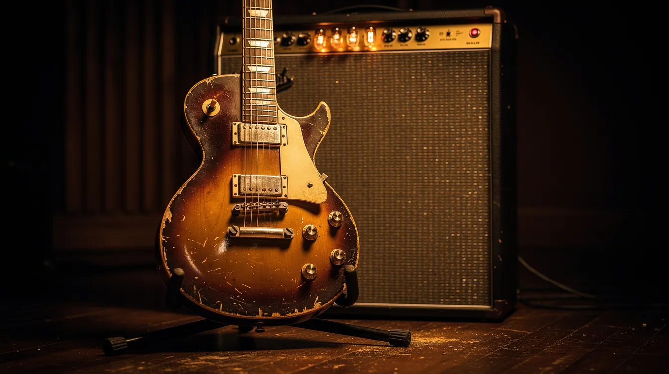 Eine Vintage-E-Gitarre steht vor einem großen Röhrenverstärker in einer dunklen Studioatmosphäre, die von warmem Licht durchzogen ist. Diese Szene vermittelt das Gefühl von intensivem Sound und Kreativität, das oft mit heavy metal und seinen verschiedenen Subgenres verbunden ist.