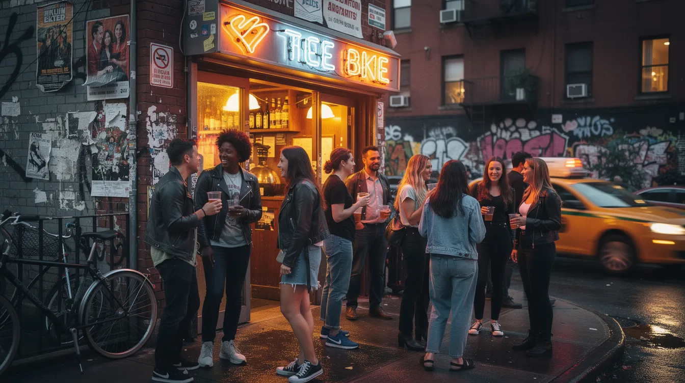 A lively scene outside an East Village bar, where groups of friends are mingling and enjoying the vibrant atmosphere. The soft lighting from the bar casts a warm glow, while people share laughs and drinks, embodying the fun spirit of NYC nightlife.