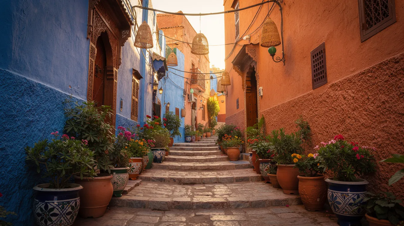 A colorful narrow street in a Moroccan medina features vibrant blue and orange walls adorned with potted plants, reflecting the rich Moroccan culture. This picturesque setting is perfect for gay travelers exploring the ancient medina and its local customs.