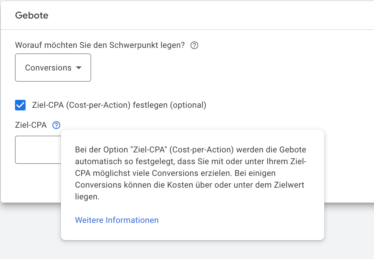 Bei der Smart Bidding Strategie Conversions kannst du ein Target CPA wählen