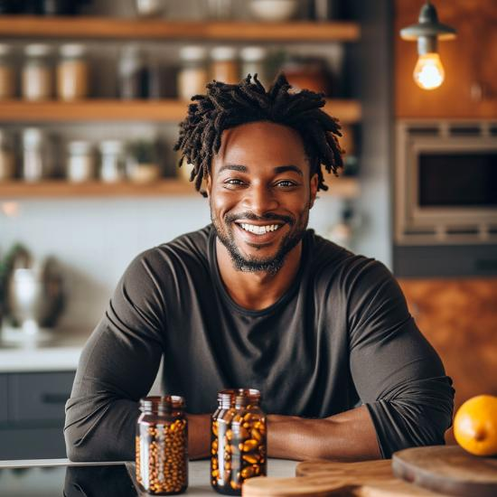 Black man sitting in his modern kitchen with his health supplement. Orders online from The Good Stuff.