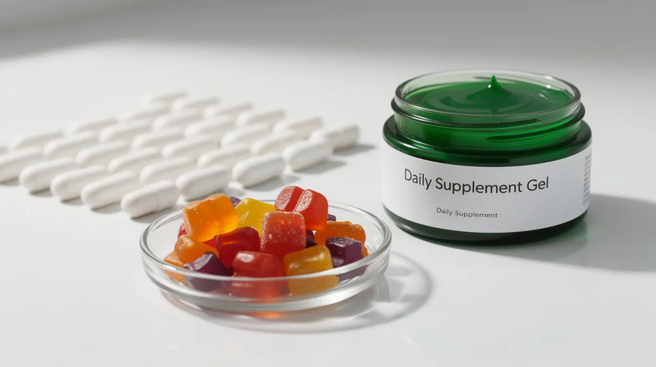 The image showcases a variety of sea moss supplements, including colorful gummies, white capsules, and a jar of thick green sea moss gel, all neatly arranged on a clean white counter. These supplements are known for their potential health benefits, such as supporting gut health and immune system function.