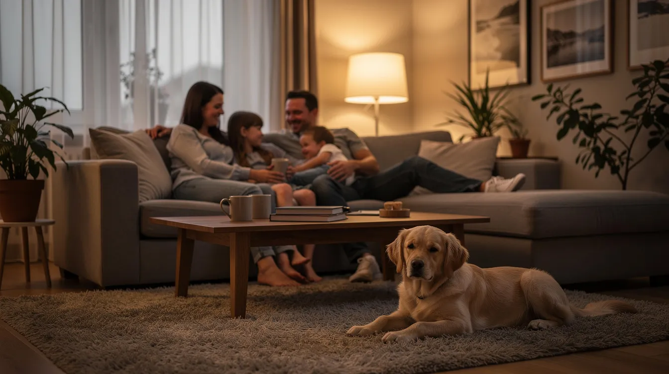 A family is comfortably seated in their living room, enjoying time together while a calm golden retriever puppy rests nearby. The puppy, a healthy purebred dog, adds warmth to the scene, embodying the joy and companionship that a new puppy brings to a home.
