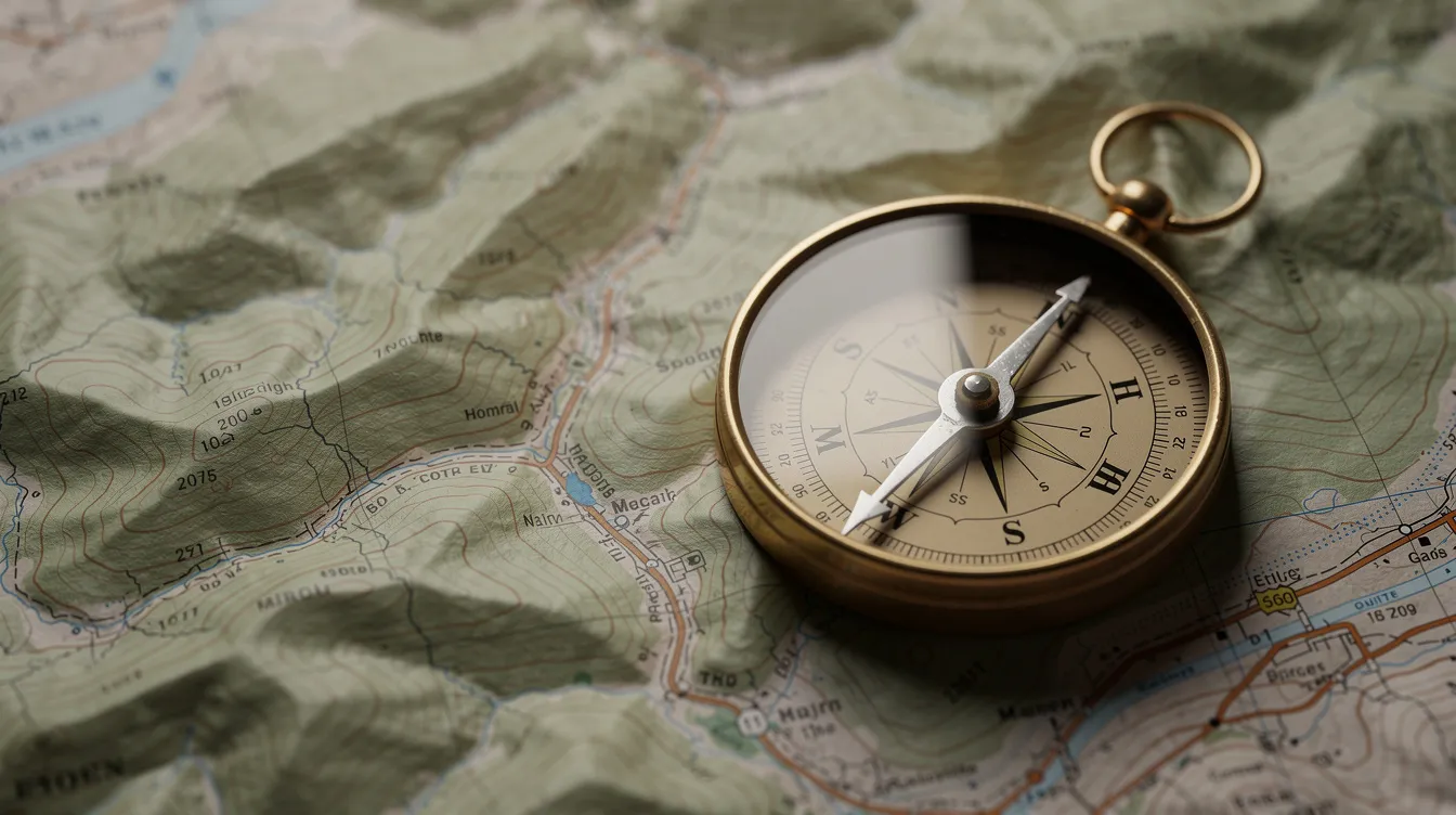 The image depicts a compass placed on a detailed topographic map, symbolizing strategic decision-making and planning. This visual represents the importance of aligning corporate strategy with clear priorities and trade-offs to navigate towards long-term objectives and business success.