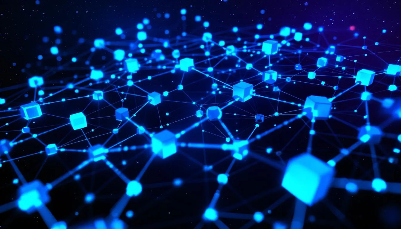 Das Bild zeigt ein komplexes Netzwerk von miteinander verbundenen Knoten, das die Blockchain-Technologie darstellt. Diese Darstellung symbolisiert die Transparenz und Sicherheit von Transaktionen in einem dezentralen System, das für Kryptowährungen wie Bitcoin und Ethereum verwendet wird.