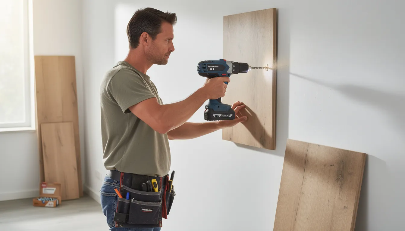 Een persoon is bezig met het bevestigen van een houten wandpaneel aan de muur met een accuboormachine. Het wandpaneel, dat onderdeel uitmaakt van de wandbekleding, is ontworpen om de akoestiek in de kamer te verbeteren en draagt bij aan een stijlvol interieur.