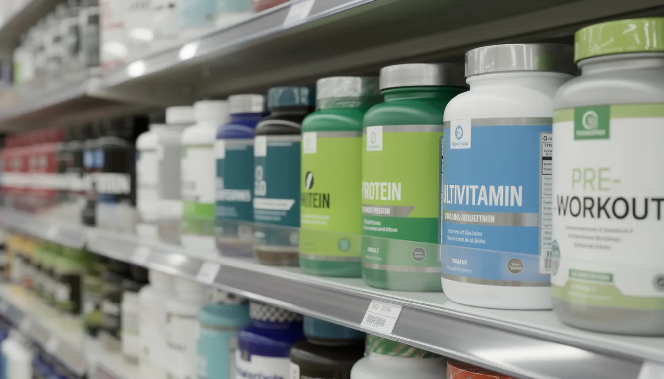 The image features rows of various supplement containers on a store shelf, showcasing products related to creatine supplementation, including creatine monohydrate and pre workout formulas, which are popular for enhancing athletic performance and muscle growth. The colorful packaging indicates a range of dietary supplements aimed at improving strength, muscle mass, and exercise performance.