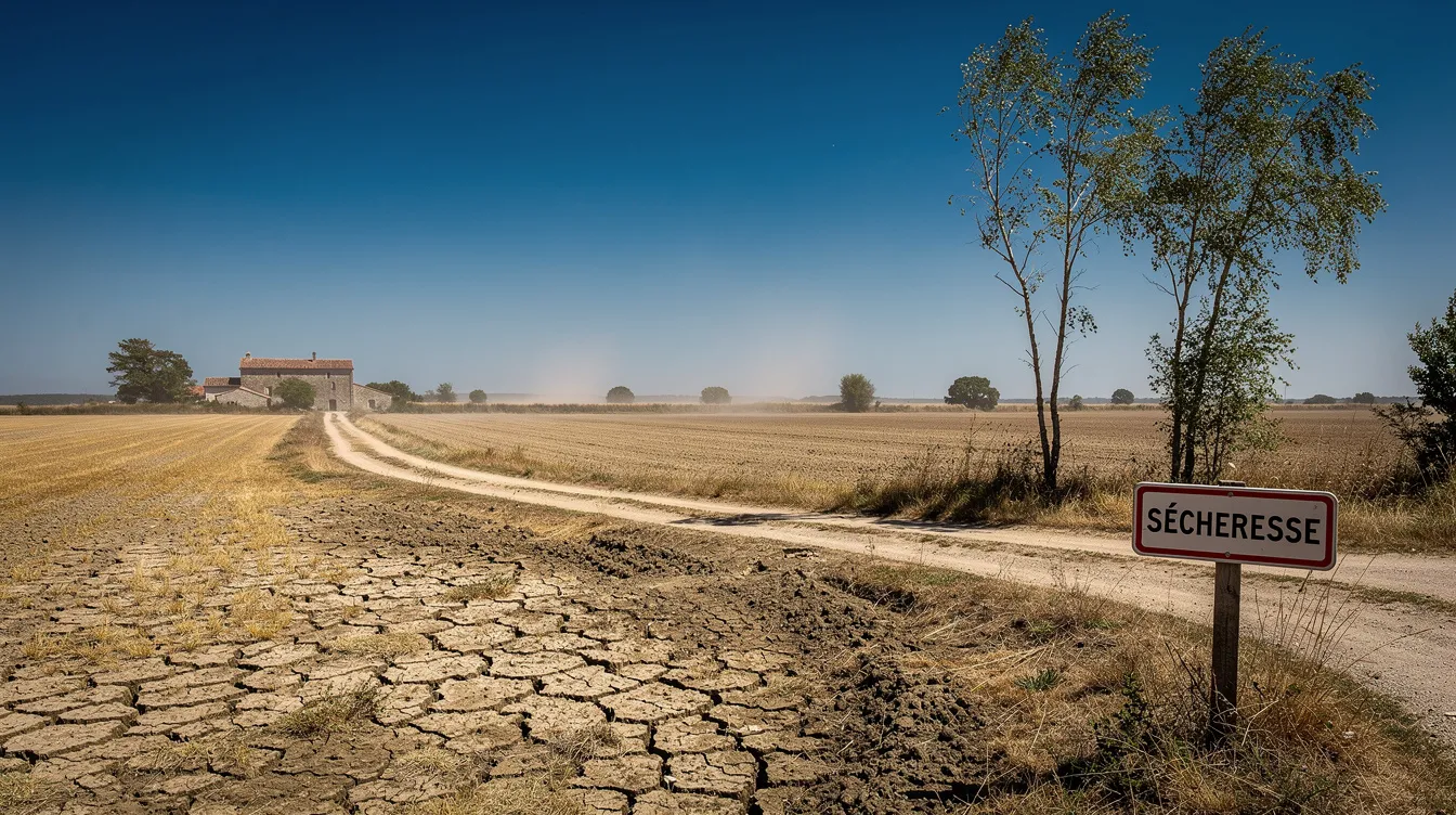 L'image montre un paysage de campagne française en été, avec un ciel dégagé et un sol sec, illustrant la sécheresse. Ce décor met en évidence l'importance de la récupération d'eau de pluie pour l'irrigation des jardins et des potagers, soulignant la nécessité de choisir le bon volume de cuve d'eau de pluie pour répondre aux besoins en eau.