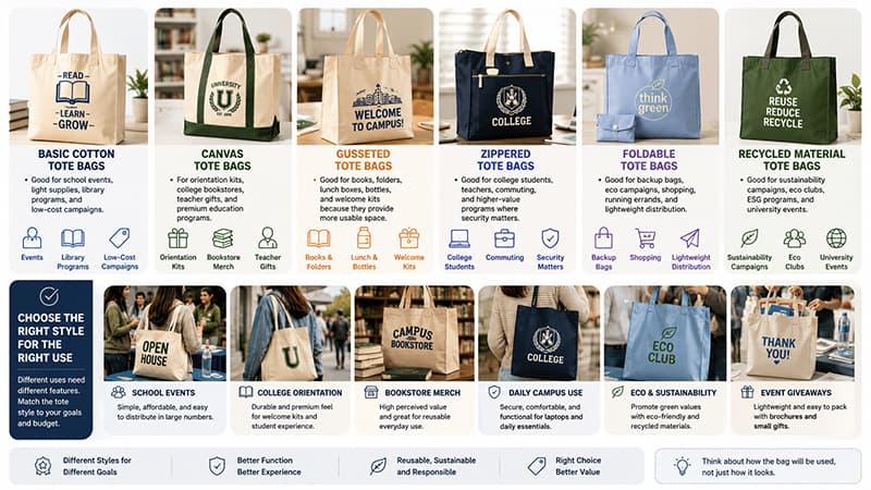 School tote bag style guide showing cotton, canvas, gusseted, zippered, foldable, and recycled tote bags for different school uses.