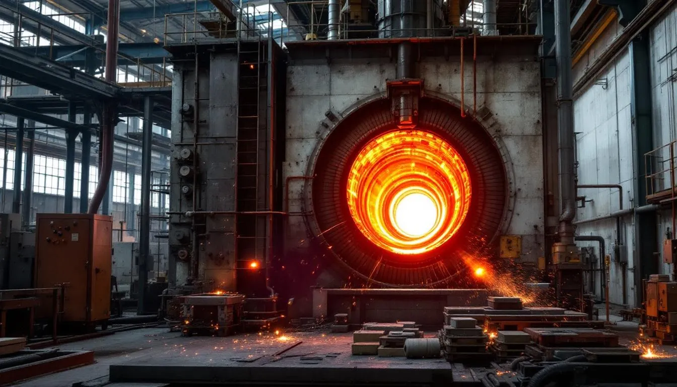 The image depicts an industrial glass furnace in the midst of the high-temperature melting process, where raw materials are transformed into glass. This process is crucial for producing thermally toughened glass, as it helps to eliminate nickel sulphide inclusions that can lead to spontaneous glass breakage.