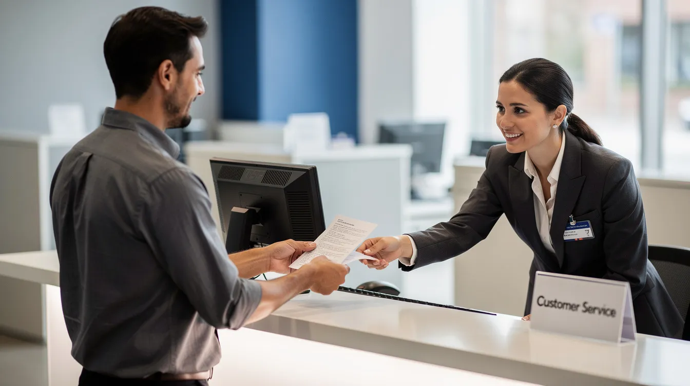 A person is standing at a bank counter, handing over documents to a bank employee, likely for processing an international money transfer. The scene captures the interaction involved in sending money abroad, which may include details like account numbers and payment methods.