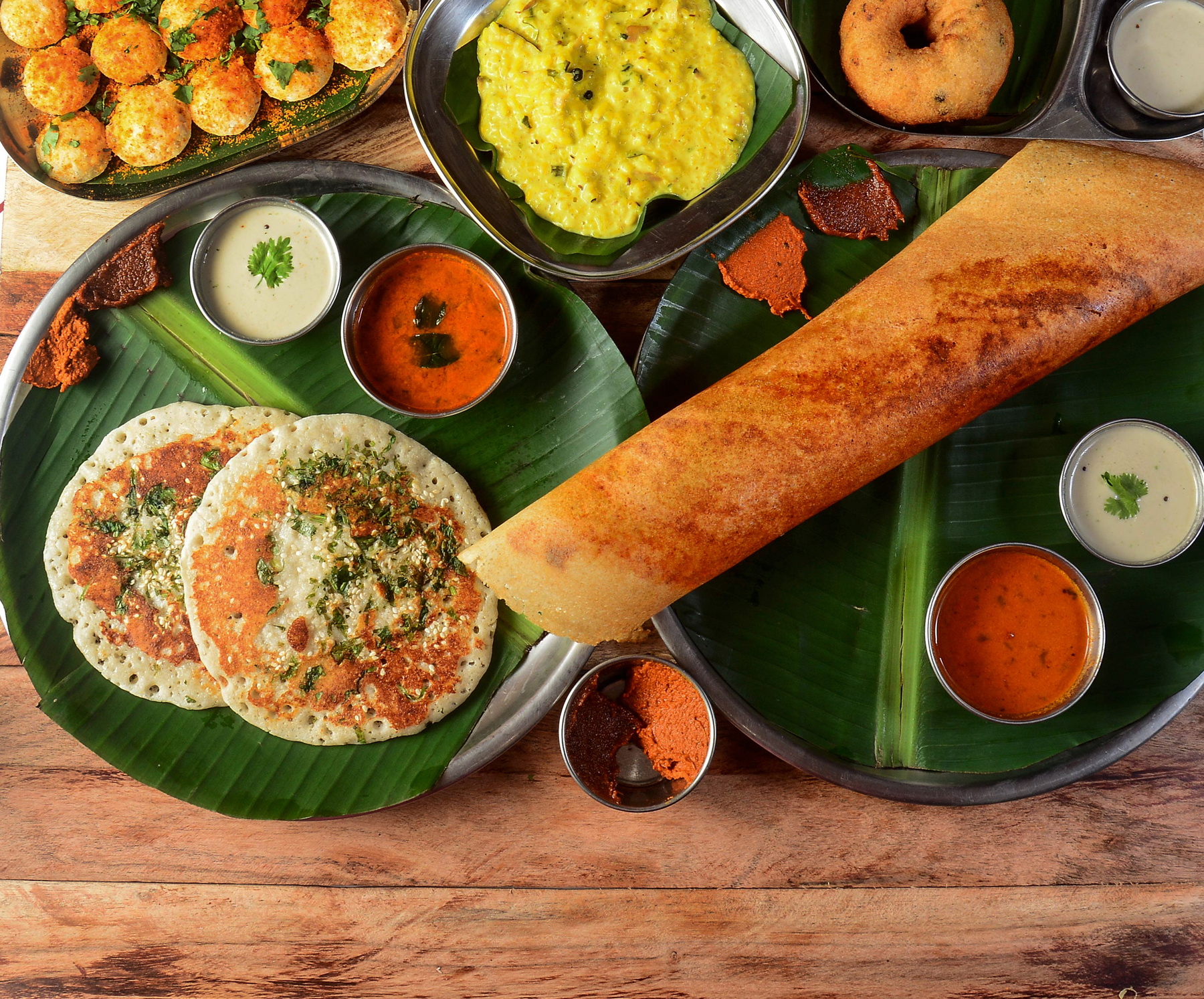 Assorted South Indian breakfast delights on a plate