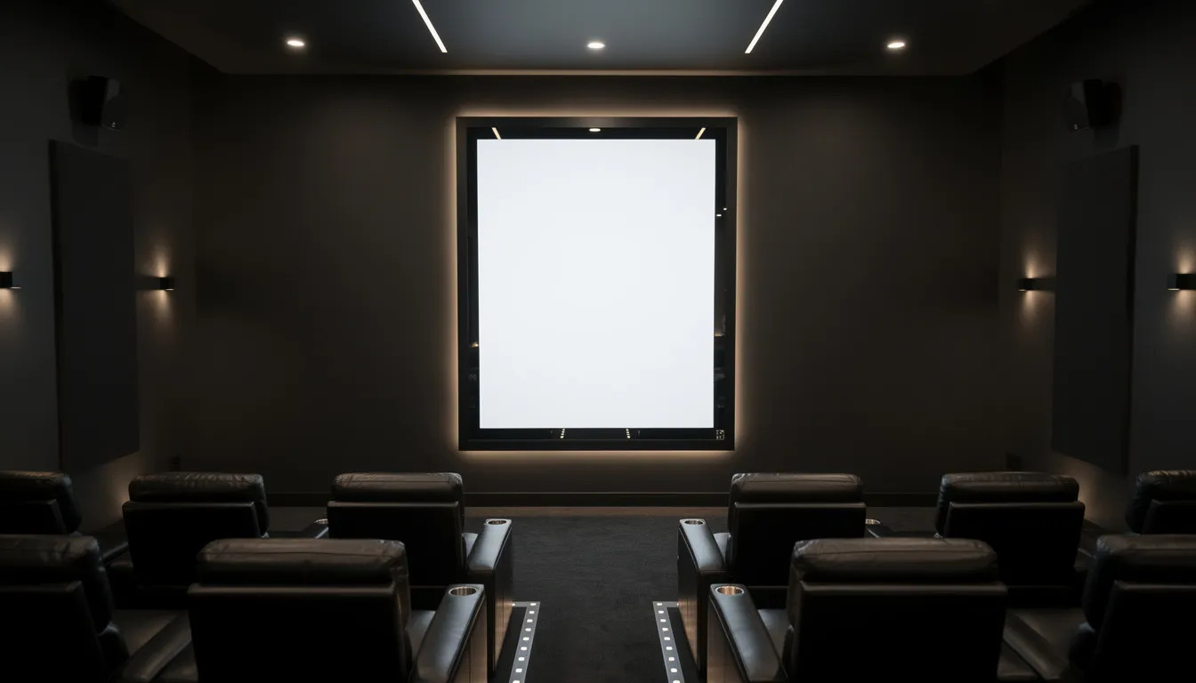 Un marco grande para póster de película se exhibe prominentemente en un acogedor cine en casa, mostrando pósters favoritos con un estilo de marco elegante y contemporáneo que complementa la decoración. El marco, diseñado para ajustarse a tamaños estándar de póster, realza la atmósfera general del espacio.