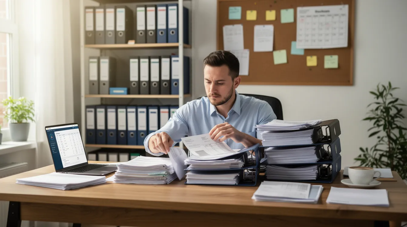 A small business owner is seated at a desk, meticulously organizing papers and documents related to their business operations. This scene reflects the importance of proper documentation for applicants seeking funding through schemes like the Mudra loan in India, where understanding eligibility and loan amounts is crucial for micro enterprises.