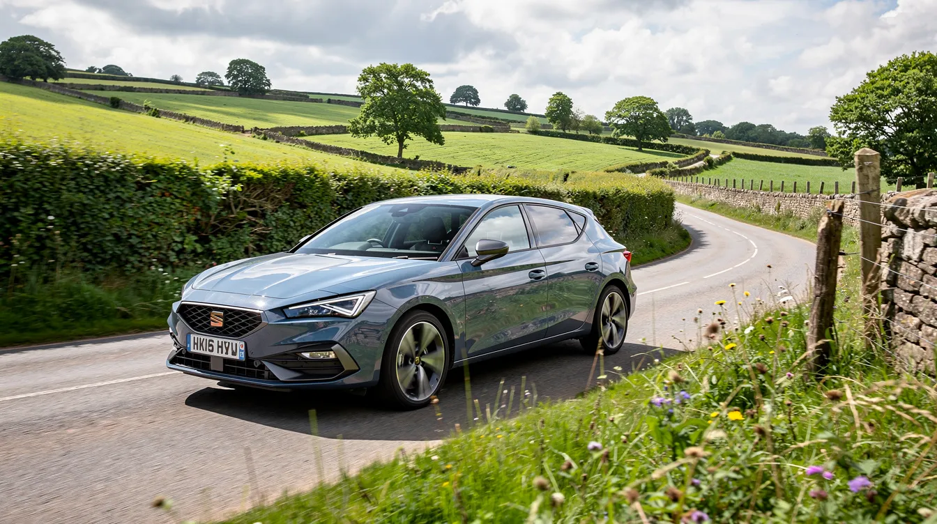A modern SEAT Leon is seen driving along a picturesque British countryside road, showcasing its sleek design and advanced safety features like lane assist and blind spot monitoring. This scene reflects the appeal of new vehicles that offer better fuel efficiency and improved reliability, making them a cost-effective choice for those considering a replacement for their current car.