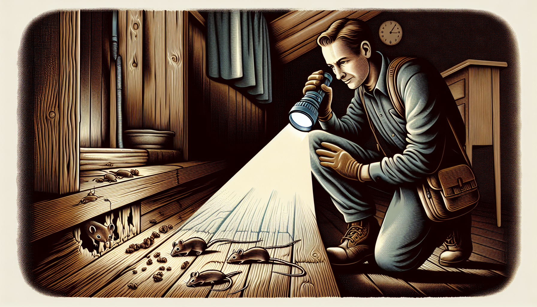 Pest control professional inspecting a home for mouse infestation