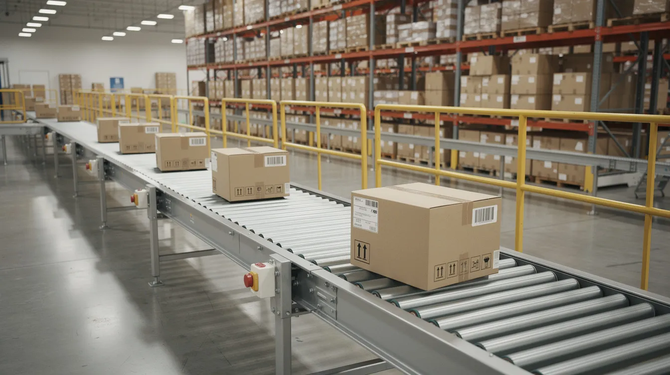 The image shows a series of cardboard shipping boxes moving along a conveyor belt in a modern warehouse fulfillment center, illustrating the logistics involved in processing orders for e-commerce businesses. This efficient setup is essential for managing international payments and ensuring timely delivery for global operations.