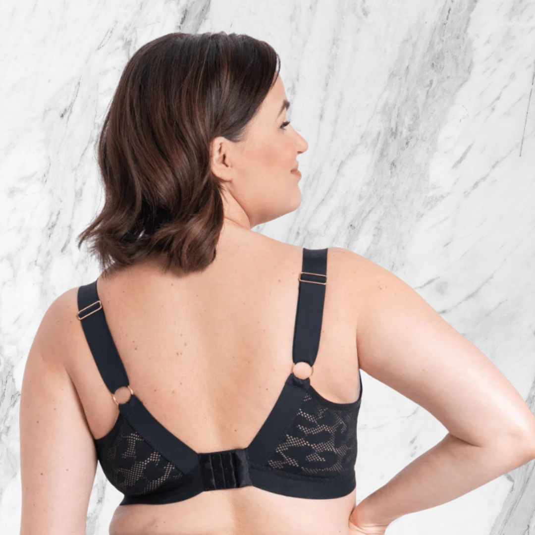 Model showcasing the back of Samanta Alex polish bra - a supportive structured wireless style for full busts