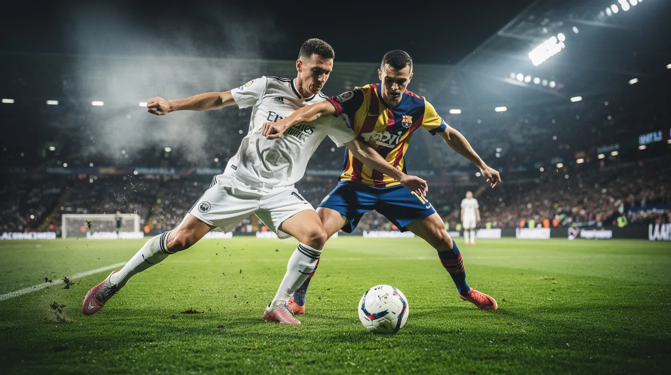 Die Nahaufnahme zeigt ein intensives Fußballspiel bei Flutlicht, in dem Spieler auf grünem Rasen in einem Zweikampf gegeneinander antreten. Die Atmosphäre ist spannend und dynamisch, während die Zuschauer die Aktion auf dem Spielfeld verfolgen.