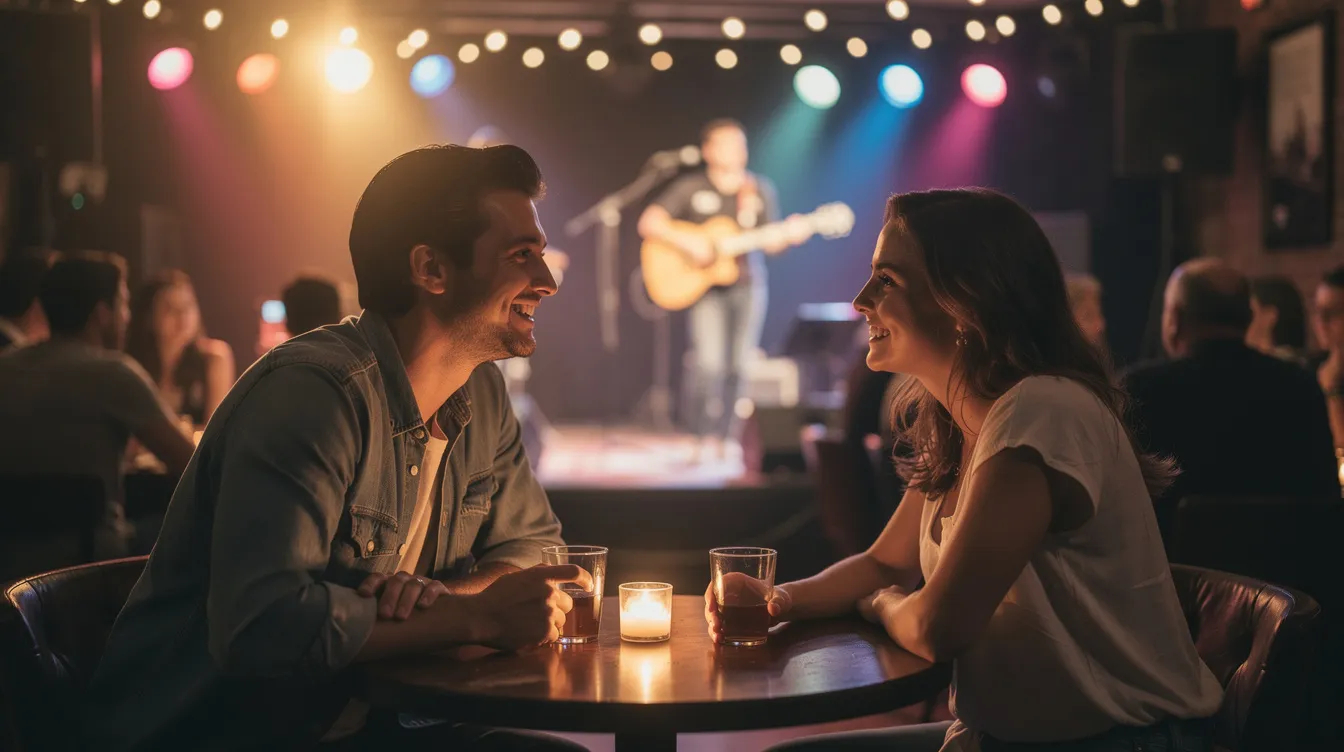 A couple enjoys a romantic date night at a live music venue in downtown Austin, with the stunning Austin skyline and the warm glow of the sunset in the background. They share laughs and drinks, embodying the spirit of music lovers in this vibrant city.