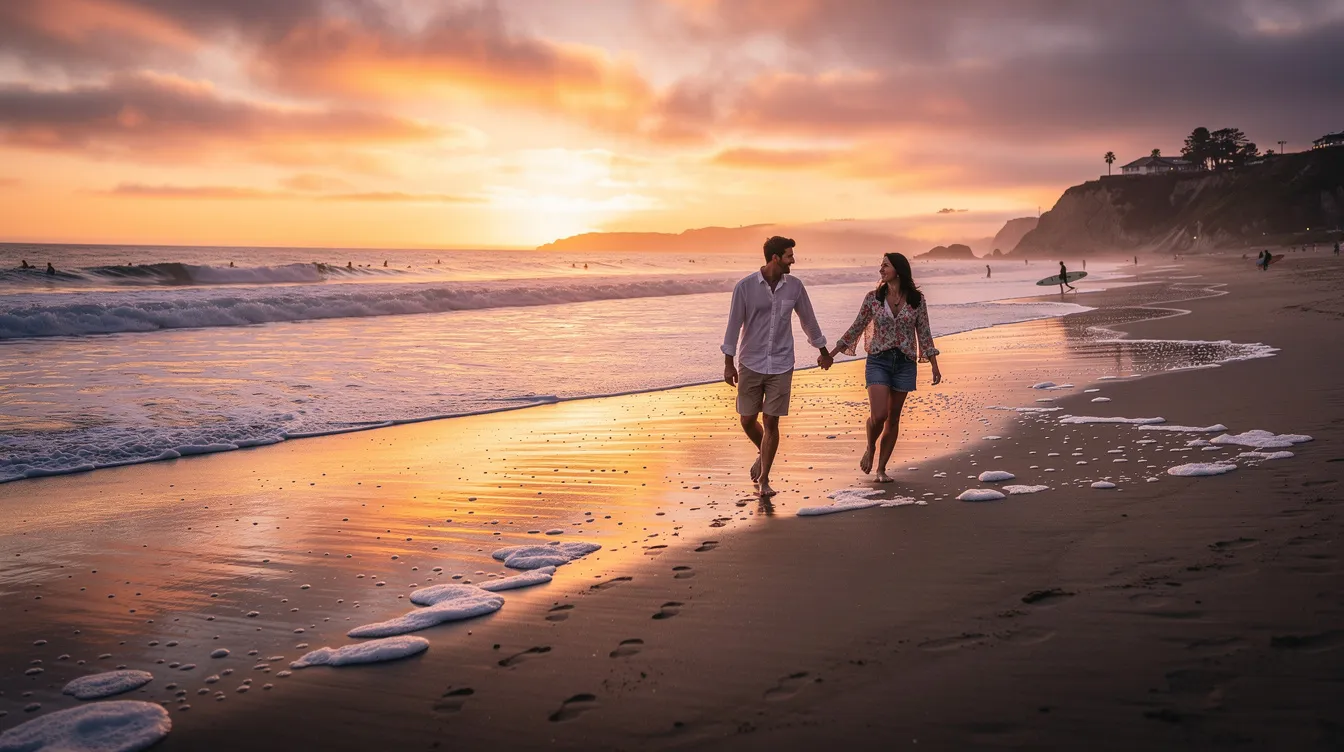 A couple walks hand in hand along a California beach at sunset, with gentle waves crashing in the background. The warm colors of the sky create a romantic atmosphere, perfect for dating and finding love in Los Angeles.