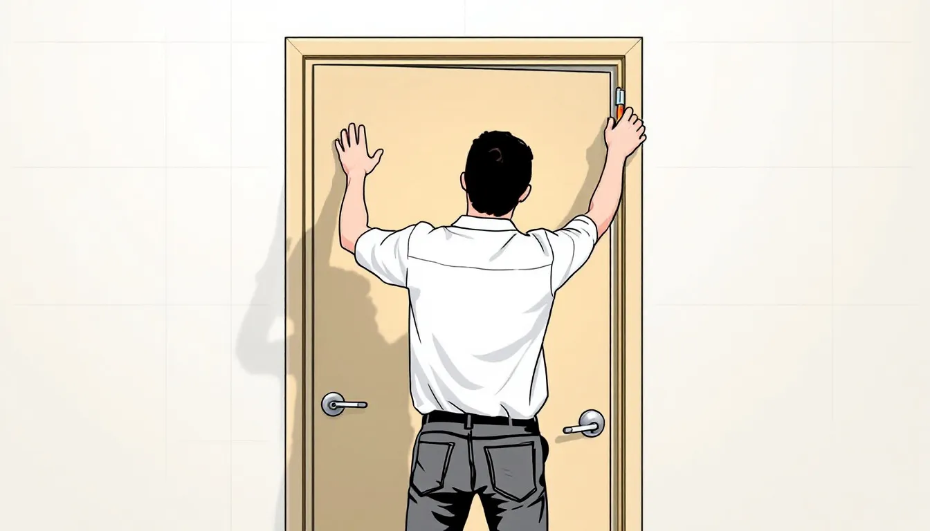 A person hanging a door, ensuring it swings correctly and is aligned within the frame.